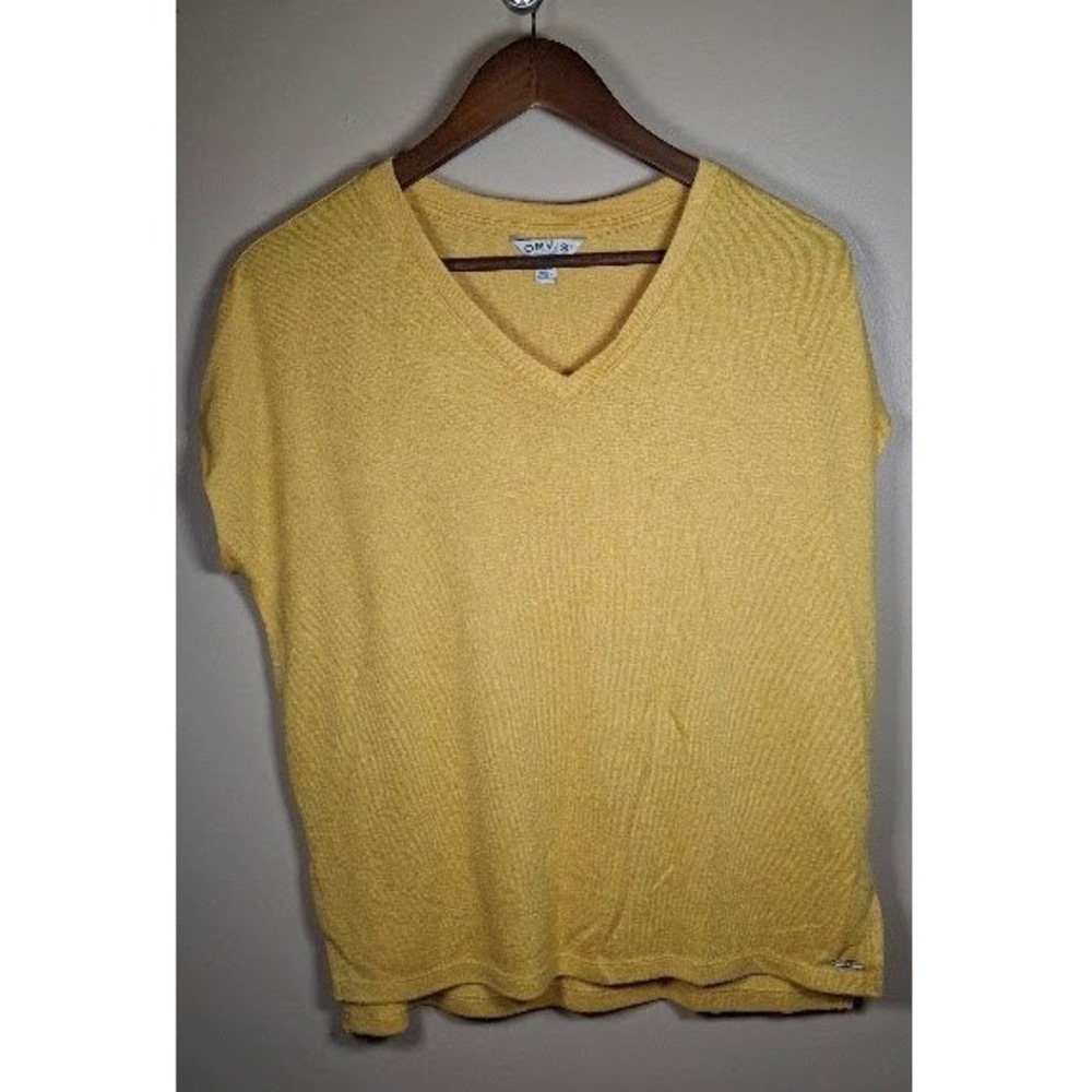 Orvis Womens Mustard Yellow V-Neck Short Sleeve Textured Knit Top Size Medium